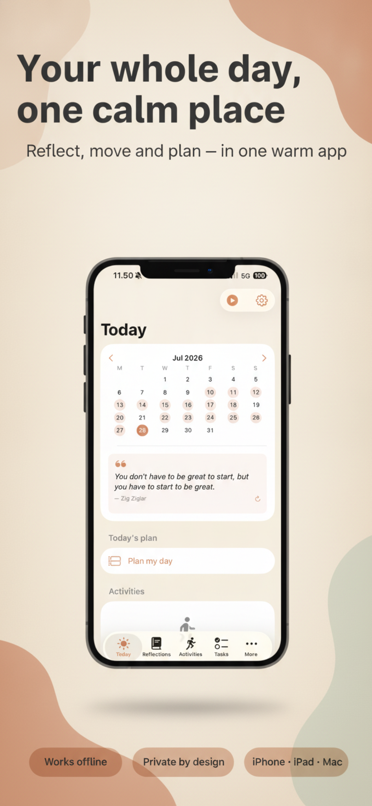 Verdae Today screen with calendar and daily overview
